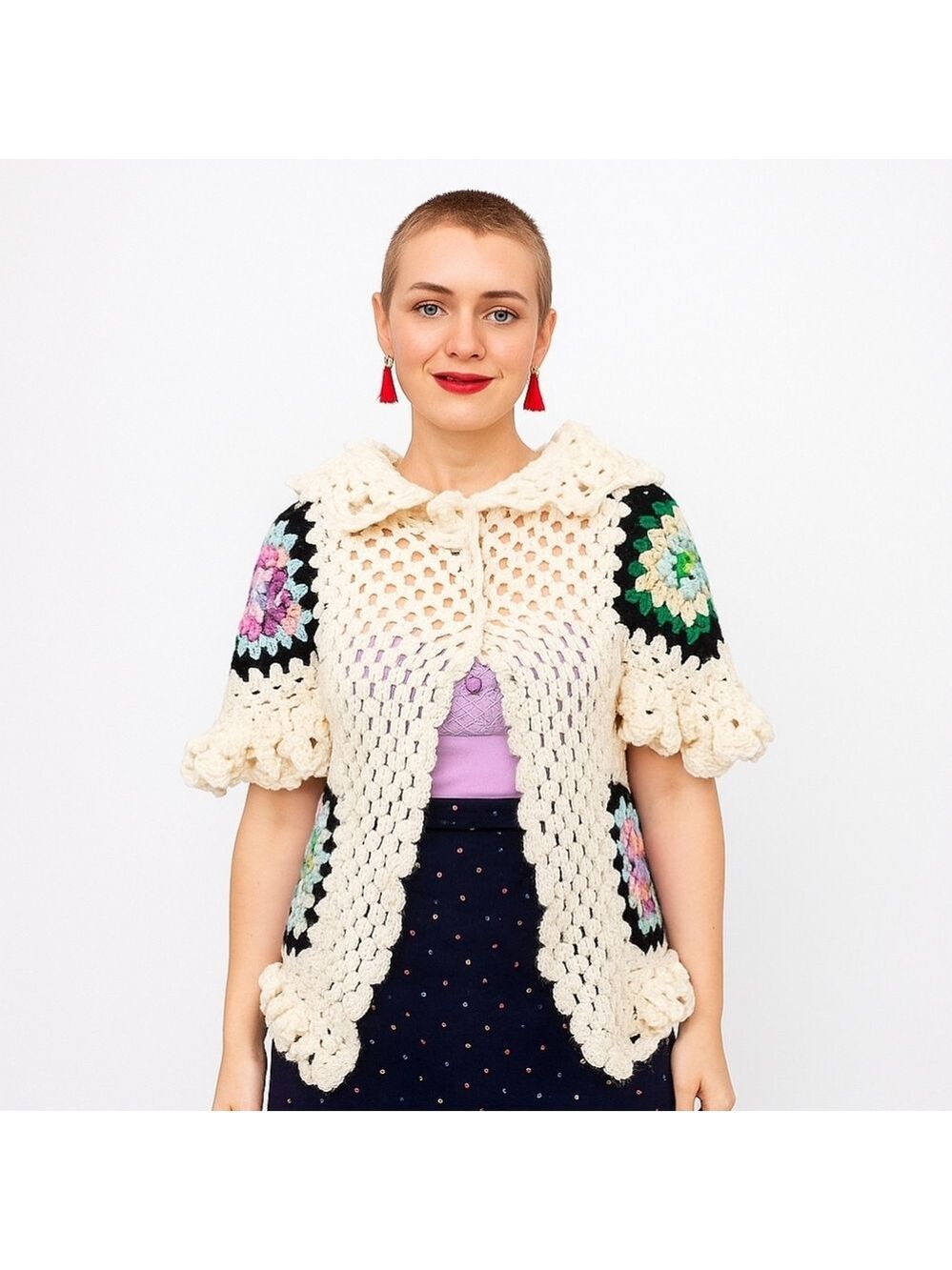 Hand Crafted Crochet Granny Square Cardigan open front Hooded Colorfull Sweater - Picture 6 of 17